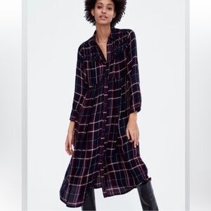 Zara Plaid Long Sleeve midi shirts Dress Sz L